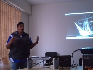 Femada Shaman presents to colleagues following her attendance at the ACSA/IAHSA conference on the CommonAge scholarship program.