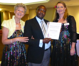 Hilary Lee (left) and Jane Verity (right), with Richard Semanda on graduation day.