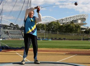 Ruth Frith, 100-year-old, from Australia competes in the Women's hammer throw at the World Masters Games at Sydney Olympic Park October 15, 2009. REUTERS/World Masters Games/Craig Golding/Handout